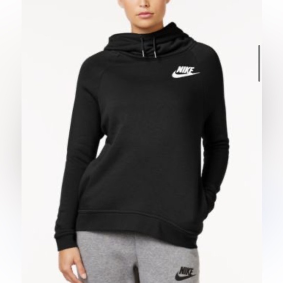 Nike Women’s Hoodie Funnel Neck Black White Logo Pullover Sweatshirt M Medium - Picture 3 of 6